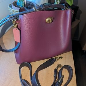Coach "Willow" shoulder bag in color block, wine/brass